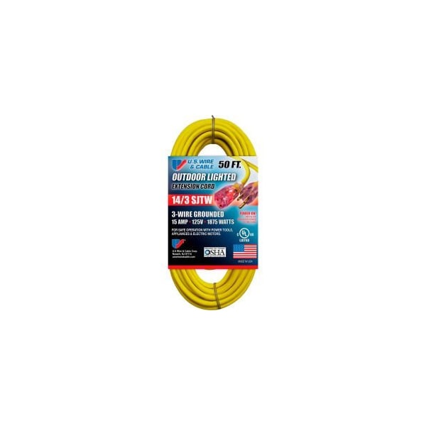 U.S. Wire & Cable SJTW Extension Cord, 14 AWG, Outdoor, 14/3, 1 Outlets, 5-15R, Yellow, Vinyl, 5-15P, 50 ft 73050 - main